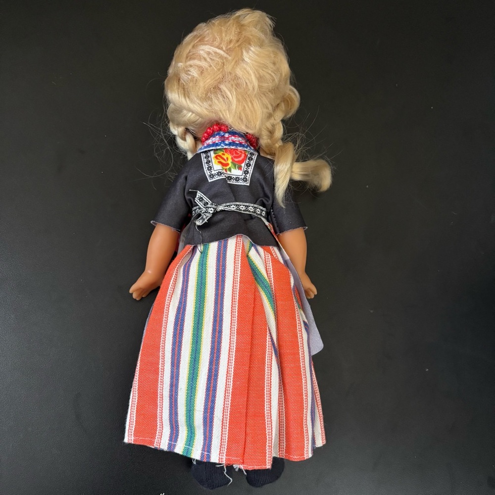 Vintage Traditional Polish Folk Doll Krakowianka Dress Blonde Braids Floral 12” - Picture 3 of 4